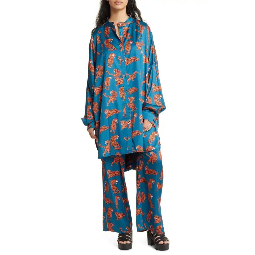 Dressed In Lala Tiger Satin Matching Set Oversized Button Up Tunic & Pants S - Picture 2 of 15